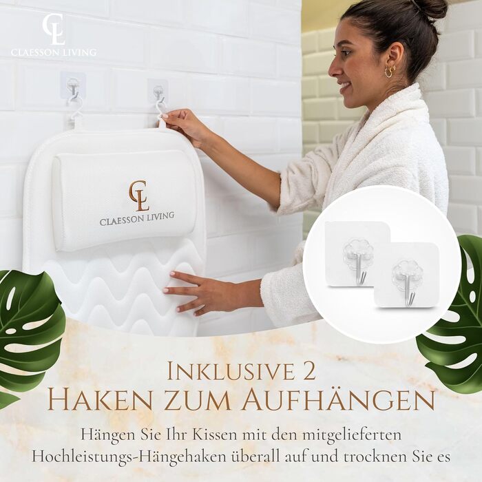 Подушка для ванни для всього тіла (125x43 см) - килимок для ванни з підголовником для підтримки шиї, спини та ніг - з мішком для прання та подорожей та гачком для швидкого сушіння - (Білий)