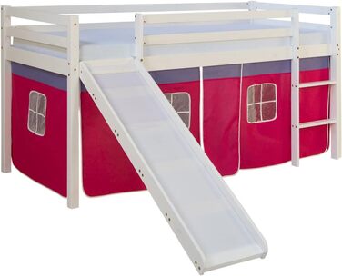 Дитяче ліжечко 90x200 см Дитяче ліжко-горище з білої дерев'яної сосни зі шторою рожевий, 4u 540
