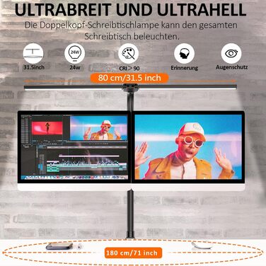 LED настільна лампа LOTTBUTY з гнушим шийкою, 24W, 80см, для офісу та дому, регулювання яскравості, денне світло, чорний колір