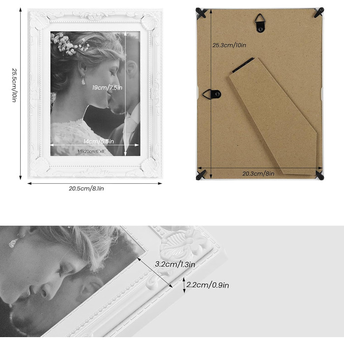 Фоторамка 5x20 см, пластик, задня панель МДФ, пергамент, білий, бароко, з підставкою, вертикальна/горизонтальна, BR9948ws