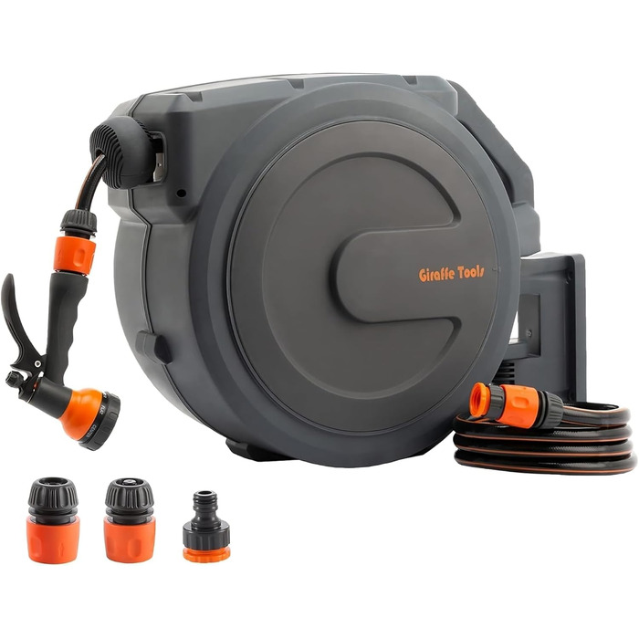 Коробка для шланга Giraffe Tools Wandmontierte Schlauchbox з автоматичним підйомом, 2м, 180° поворотна, 7 насадок, шланг 25м
