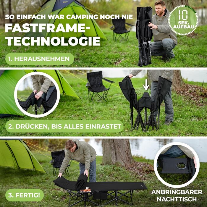 Розкладне ліжко для кемпінгу NORDICTRAILS XXL з м'яким матрацом, чорне (190 x 70 см) — зручне похідне ліжко для відпочинку та риболовлі