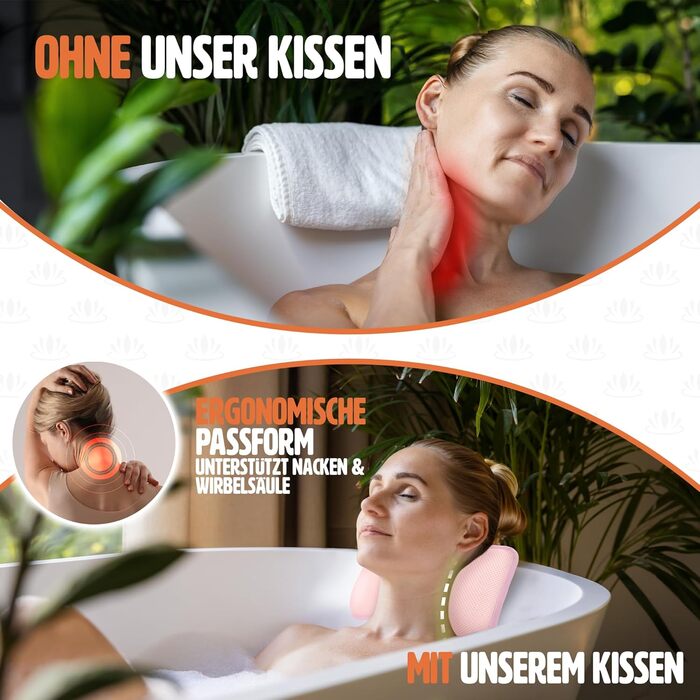 Подушка для ванни - преміум якість, 4 міцні присоски, ергономічна форма для шиї та спини, інтегрований гачок (Рожева)