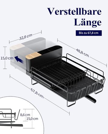 Сушилка для посуду Kitsure, висувна, багатофункціональна, з місцем для столових приборів, 67.8 x 32.7 x 14.9 см, чорна