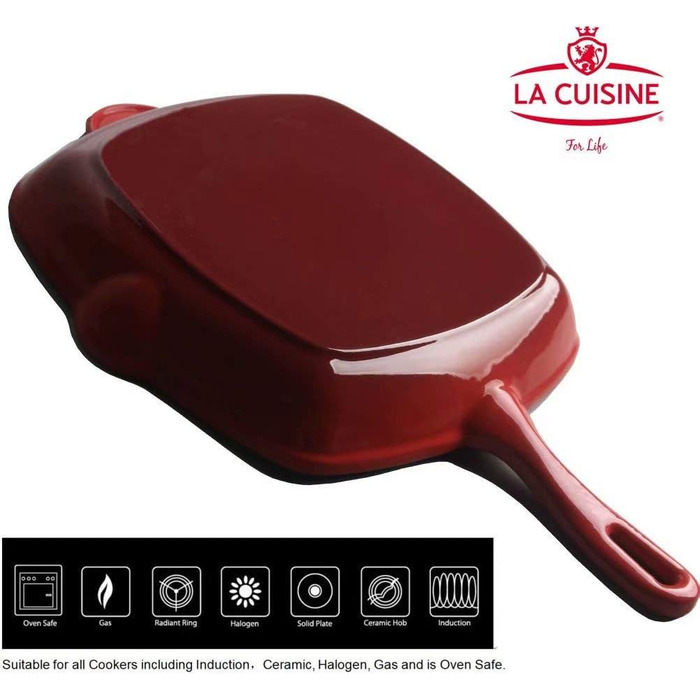 Сковорода-гриль квадратна La Cuisine 25 см з емальованого чавуну, червона емаль зовні, чорна емаль всередині