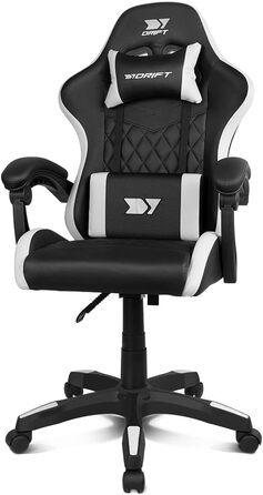 Ігровий крісло DRIFT GAMING DR35 – професійне, зі штучною шкірою, підлокітники з м'якою підкладкою, газліфт 3 класу, посилена база з нейлону, регульований нахил, регульована висота, подушки для попереку та шиї, чорно-сірий колір (Dr35 White)