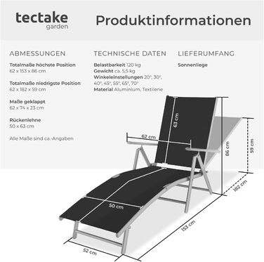 Шезлонг Tectake алюмінієвий, складний, з підлокітниками, регульована спинка, стійкий до погодних умов, для балкона, саду, тераси або кемпінгу - Сріблясто-сірий (Темно-сірий)