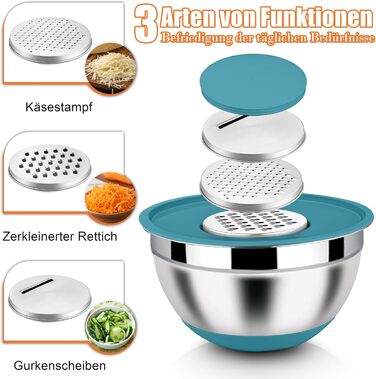 Набір місок Homikit з нержавіючої сталі, 6 шт. з тертками, кришками та силіконовим дном, 4.6/2.8/2.5/1.6/1.2/0.7 л, багатобарвний