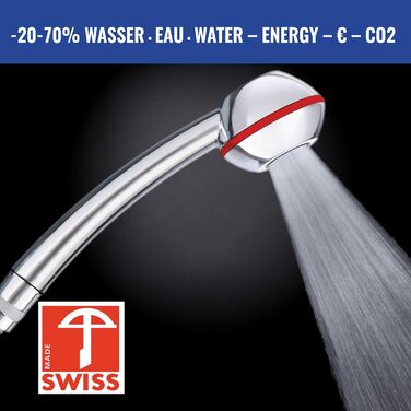 Душова лійка SwissClima VITALIT FEARLESS вода економія коштів для любителів експериментувати 3-11 л/хв (замість 13-25л), потужний струмінь, насадка дощового струменя, 6 регуляторів (f.7 л на виході, SwissMade) хром-ferrari червоний