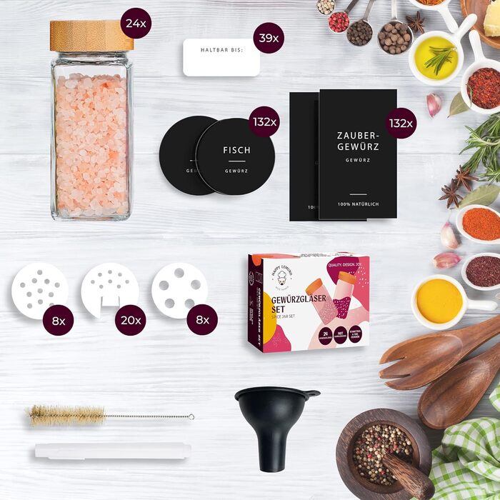 Набір баночок для спецій з дозатором [24 x 120 мл] з 303 етикетками | Контейнери для спецій з бамбуковими кришками. Набір баночок для спецій на 24 шт, органайзер для зберігання спецій, баночки для спецій з бамбуком - 24 шт - чорні етикетки