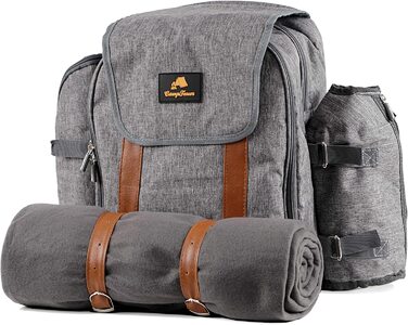 Рюкзак для пікніка CampFeuer 4P набір для пікніка 32 шт. сірий тримач для пляшок, ковдра, відділення для холодильника, посуд, столові прилади