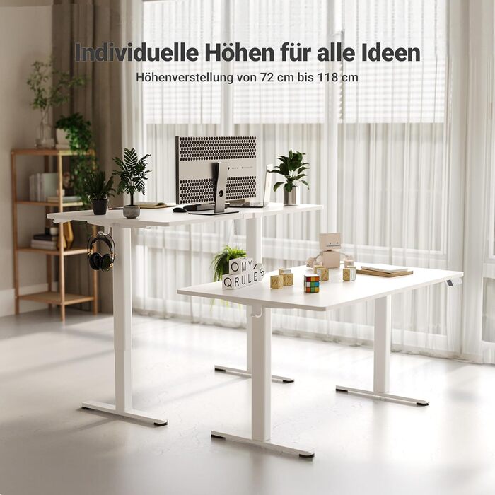 Регульований стіл Claiks для офісу, 120x60 см, білий, 80 кг, 3 положення пам'яті, з гачками