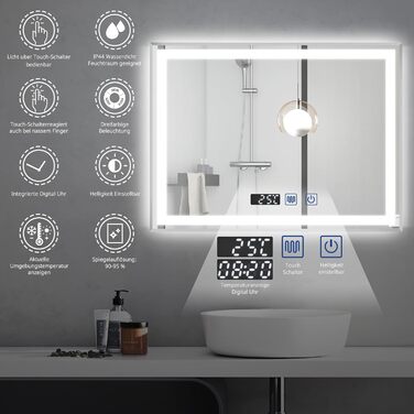 Дзеркало для ванної кімнати YOURLITE з LED-підсвічуванням 100x60 см, сенсорне управління, годинник, антизапар, 3 кольори світла, регулювання яскравості, функція пам'яті, білий (срібло)