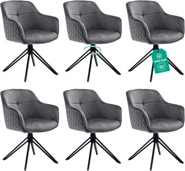 Обідні стільці (набір 6) сірого кольору з пружинним блоком, поворотні, з оксамитовим покриттям, високий рівень комфорту, ретро-стиль, легка збірка, без ПВХ, сертифікат Oeko-TEX, доставка по Україні