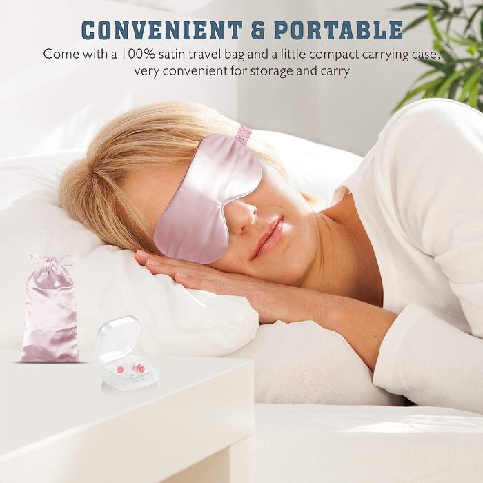 Шовкова маска для сну, 100 шовкова маска для очей Momme 22 Momme для сплячих жінок/чоловіків, зручна маска для сну з затичками для вух і атласною дорожньою сумкою, м'які тіні для повік (темно-сині) (рожеві)