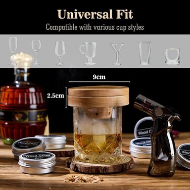 Набір для копчення віскі – Old Fashioned Cocktail Geschenkset з 6 ароматичними дерев'яними чіпсами, 4 гранітними камінцями, запальничкою та аксесуарами для любителів віскі та коктейлів (без бутану) (силіконова куля & гранітні камені)