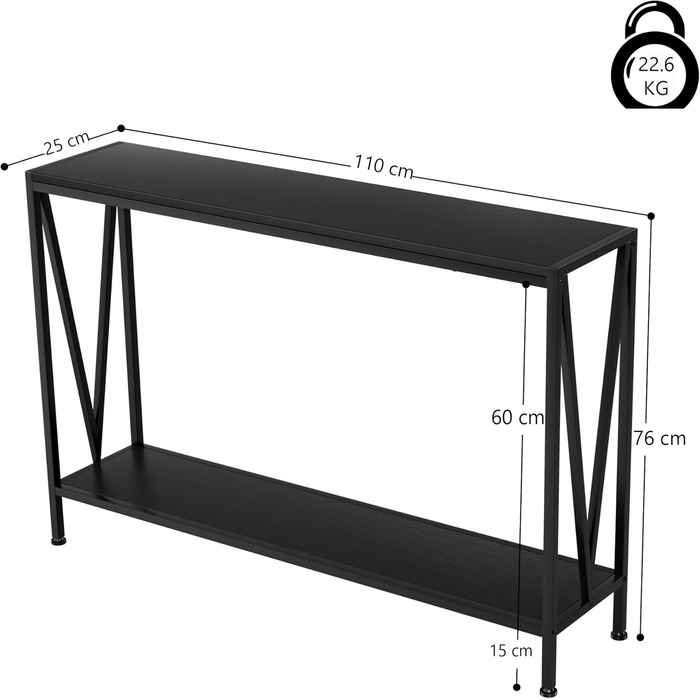 Консольний столик дерево & метал, 110x25x76 см, з місцем для зберігання, 2 рівня, чорний