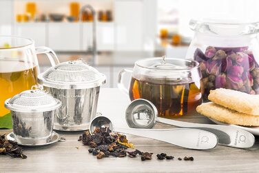 Ситечко для чаю Apace (набір з 2 шт. ) з чайною ложкою і піддоном для збору крапель-ультратонке чайне яйце з нержавіючої сталі для заварювання розсипного чайного листя-чайна заварка з невеликими осередками для чудового заварювання чаю (сріблястий, великий