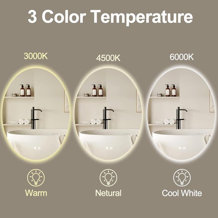Дзеркало для ванної кімнати AONELAS BuLife з овальною підсвіткою, 71,1 x 50,8 см, антизапарник, 3 кольори, регульована яскравість, настінний монтаж, дзеркало для макіяжу з сенсорним вимикачем