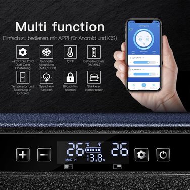 Компресорна холодильна сумка AAOBOSI 55L з двозонним охолодженням, WIFI-керуванням, USB-портом, 12/24V/100-240V, -20°C до 20°C для авто, вантажівки, човна, кемпінгу