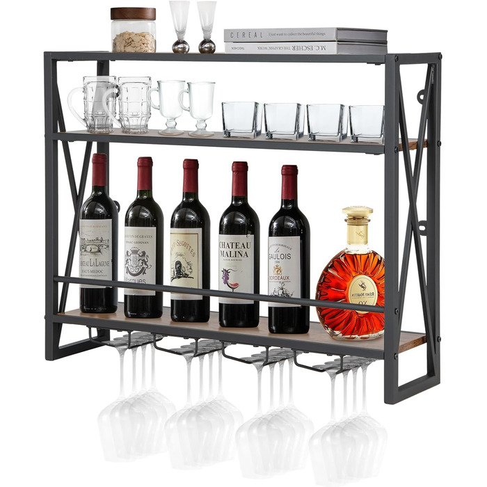 Стильна полиця для вина Komfotteu на стіну, дерев'яна з металевим каркасом, з тримачем для келихів, органайзер для пляшок, бар, кухня, вітальня (80 x 20 x 63 см)