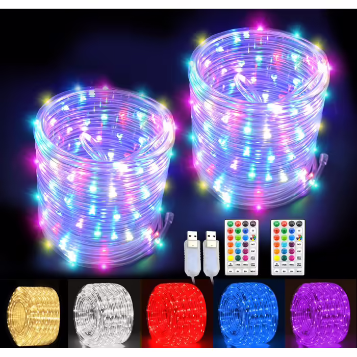 GLPE LED світлодіодна гірлянда 2 шт. × 10 м, 200 лампочок, USB, IP65, 8 режимів, 16 кольорів, водонепроникна для вулиці й дому, для спальні, вечірки, саду, кемпінгу, Різдва