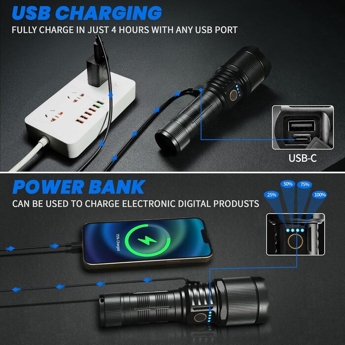 Світлодіодний ліхтар TECBOTT 500000 люмен, USB-C, ультра яскравий, 5 режимів, IPX6, акумуляторний, чорний