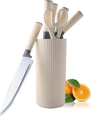 Набір кухонних ножів 7 предметів з бруском Messerblock, нержавіюча сталь, для кухні, подрібнення м'яса та овочів (Бежевий, Сірий)