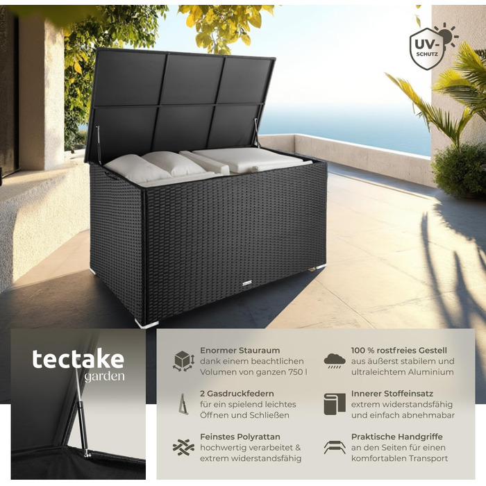 Скриня для зберігання садових речей Tectake з алюмінію та ротангу, 750л, чорна - водонепроникна, з газовими амортизаторами, стійка до УФ-випромінювання та іржі (145x82,5x79,5 см)