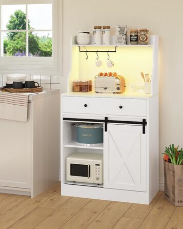 Буфет-шафа з робочою поверхнею, велика шухляда, регульовані полиці, 3 гачки, LED-підсвічування, для кухні, вітальні, їдальні (білий)