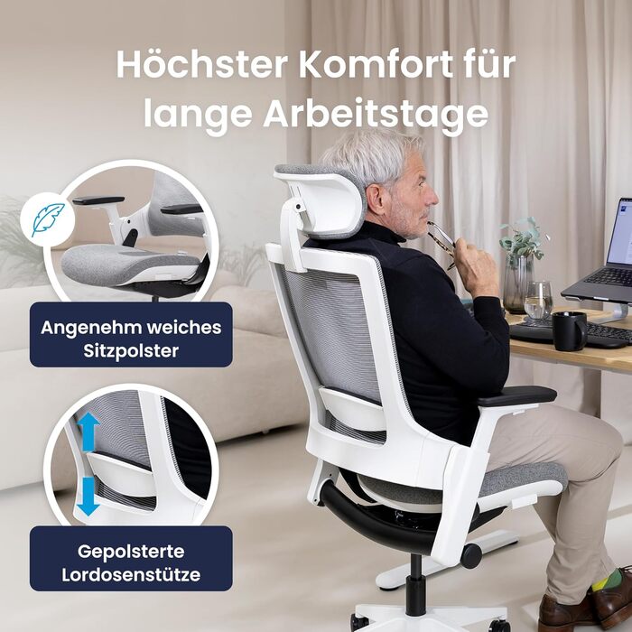 Ergotopia NextBack: ергономічне крісло для офісу з підтримкою спини | Крісло для роботи з підголівником та підлокітниками | 5 років гарантії (сірий/білий)