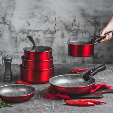 Набір сковорідок AMBITION Jasper 3 червоний, алюміній, для всіх типів варильних поверхонь, індукційних, духовки, посудомийної машини, з антипригарним покриттям