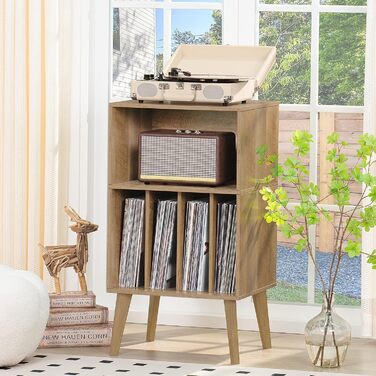 Підставка для програвача вінілу: місце для 160 платівок, органайзер для вінілових платівок, Mid-Century дизайн, дерев'яні ніжки, полиця для програвача, білий (дуб)