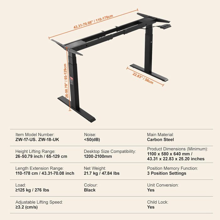 Електричний стіл VEVOR з подвійним мотором, регульована висота 65-129 см та довжина 110-178 см, чорний, для офісу та дому