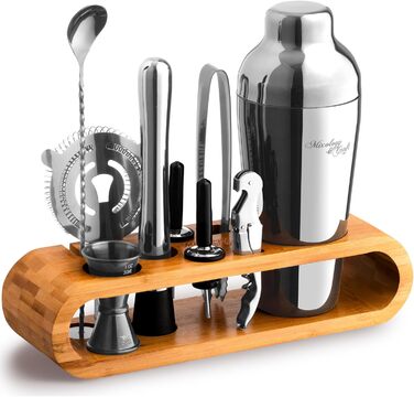 Набір для приготування коктейлів Mixology & Craft Cocktail Set (10 предметів) - Шейкер, барний аксесуар, дерев'яний підставка з бамбука, подарунковий набір, сріблястий