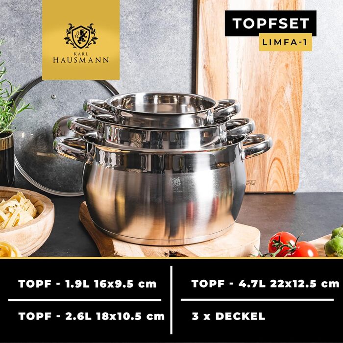 Набір каструль Karl Hausmann 3 шт. з нержавіючої сталі для індукційних та інших плит з кришкою з термостійкого скла та мірною шкалою