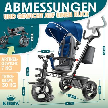 Триколісний велосипед KIDIZ 6-в-1 для дітей від 9 місяців до 25 кг: з ручкою, кошиком, сонцезахисним козирком, прогулянковий, синій