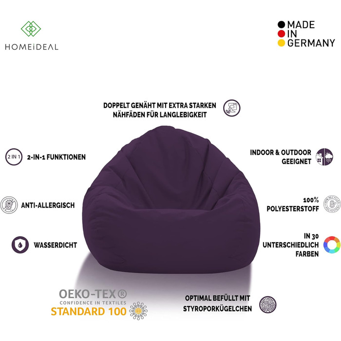 Подушка для підлоги Beanbag XXL для дорослих і дітей - підходить для ігор або відпочинку - в приміщенні та на вулиці, оскільки вона водонепроникна - з намистинами EPS, колір фіолетовий, розмір XL