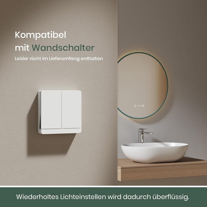 Круглий дзеркало для ванної кімнати EMKE з підсвічуванням 60 см - з антизапарюванням, регулюванням яскравості, годинником, індикатором температури, сенсорним керуванням, функцією пам'яті, енергозберігаючий. Розмір: 80x80 см.