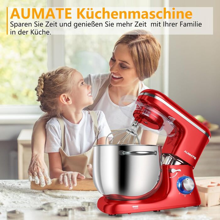 Кухонна машина AUMATE 1400W, 8 л, з міксером, гаком для тіста та вінчиком (червона)