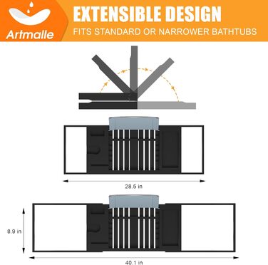 Підставка для ванни Artmalle: складаний бамбуковий столик з тримачем для книги та келиха, мильниця в подарунок, для розслаблення та читання, чорний