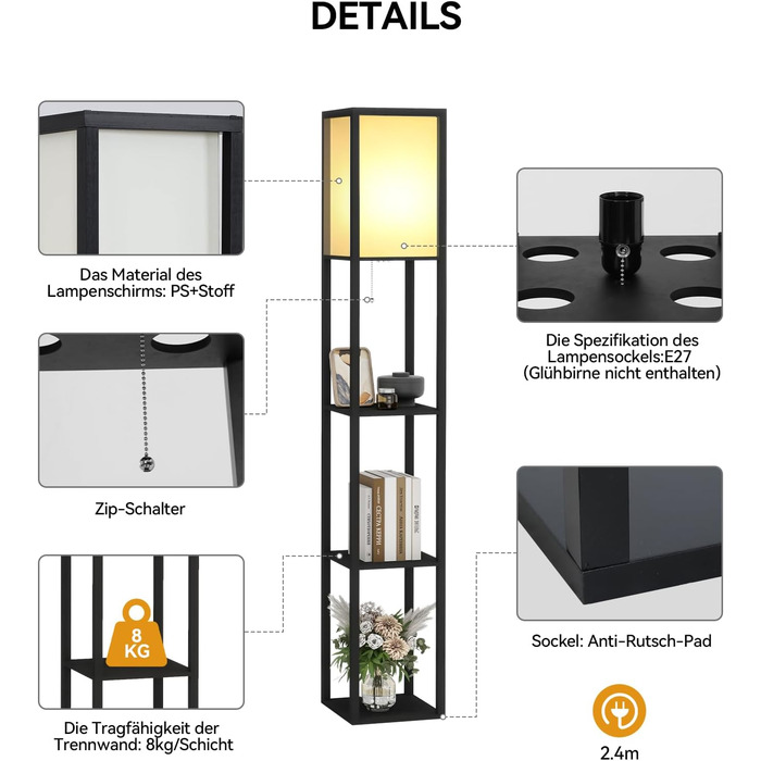 Торшер Fullwatt з дерев'яною полицею та підсвічуванням для спальні та вітальні (чорний)