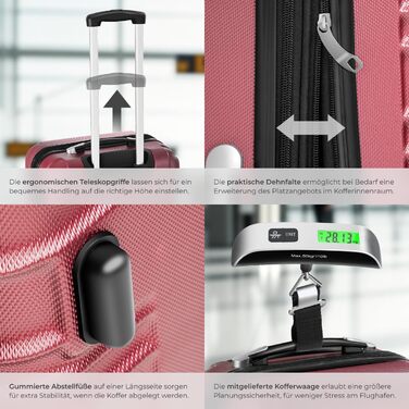 Набір валіз Tectake 4шт з ABS пластику, S-M-L-XL, з роликами, телескопічним ручками та замками, з ваговою шалькою та аксесуарами для валіз (Вишневий)