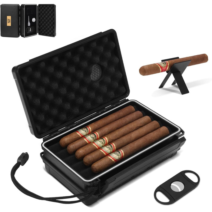 Портативний вологозберегаючий футляр для сигар на 5 сигар (50RG) з ножем, підставкою, гігрометром та зволожувачем, подарунковий набір для поціновувачів сигар (Чорний)