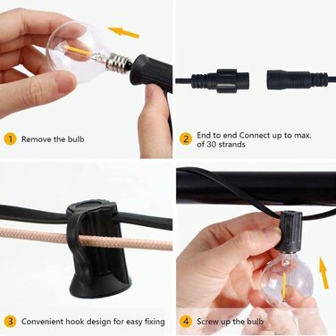 Світлодіодна гірлянда для вулиці, 60м, G40 LED, 104 пластикові лампочки, вологостійка IP45, димування, для зовнішнього використання, тераси, дерев, свят, 2700K тепле біле світло (2x30м)