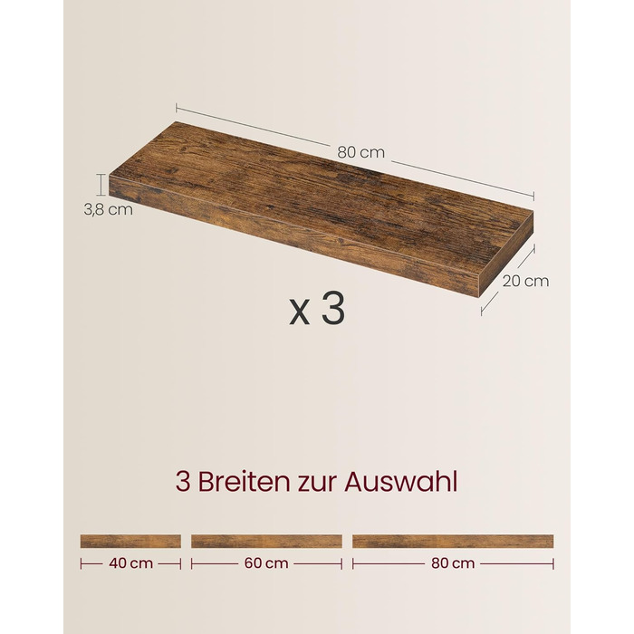 Настінна полиця VASAGLE, 3 шт. у наборі, вінтажний колір, 20 x 80 x 3,8 см, для фотографій, декору, вітальні, кабінету, кухні