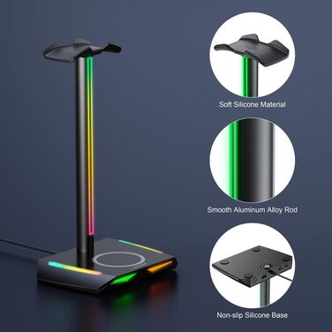 Підставка для навушників Feegar з RGB підсвічуванням та бездротовим зарядним пристроєм, для геймінгу, з USB та Type-C, 11 режимів підсвічування