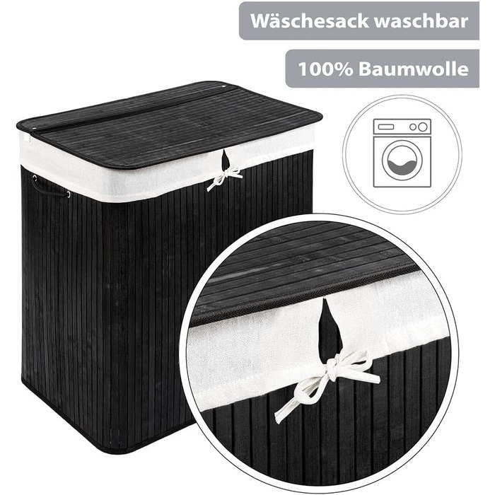 Бамбуковий кошик для білизни PANA ECO з кришкою * дерев'яна сумка для білизни * складаний колектор для білизни * шафа для білизни у ванній * 100 бамбук * колір * * розмір (72 л 40 х 30 х 60 см), чорний)
