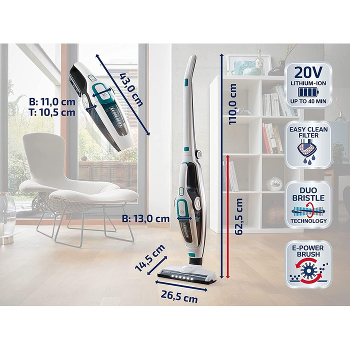 Акумуляторний пилосос Leifheit Regulus PowerVac 2in1, бездротовий до 40 хв, без мішка, з ручним пилососом, акумулятор 20В