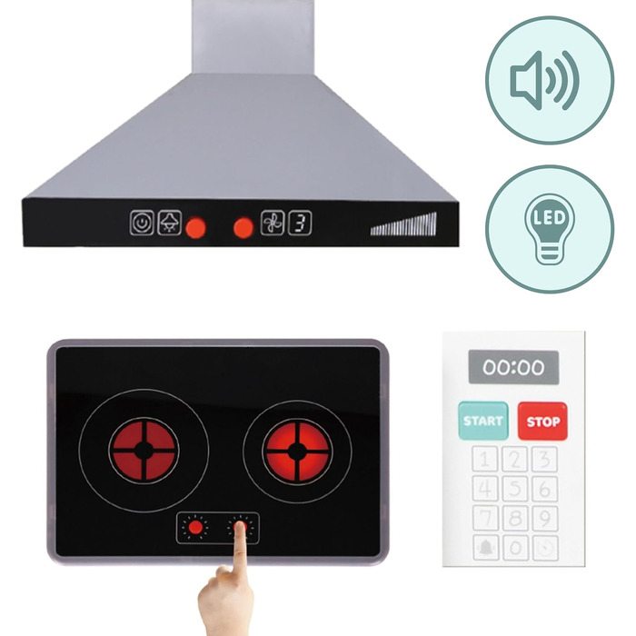 Дитяча дерев'яна кухня Mamabrum XXXL з LED-підсвічуванням та аксесуарами: мікрохвильова піч, посуд, столові прибори. Ігровий набір для дітей 3+